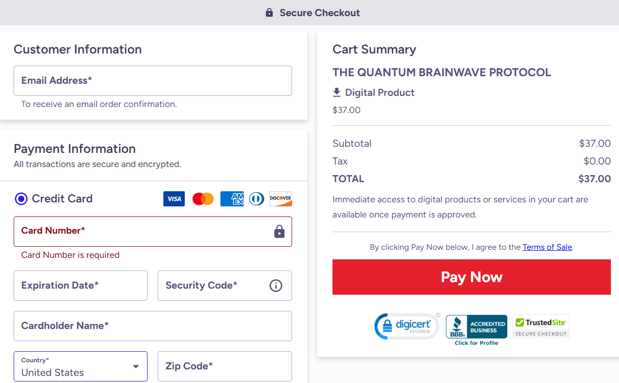 Quantum Brainwave  Secure Checkout page